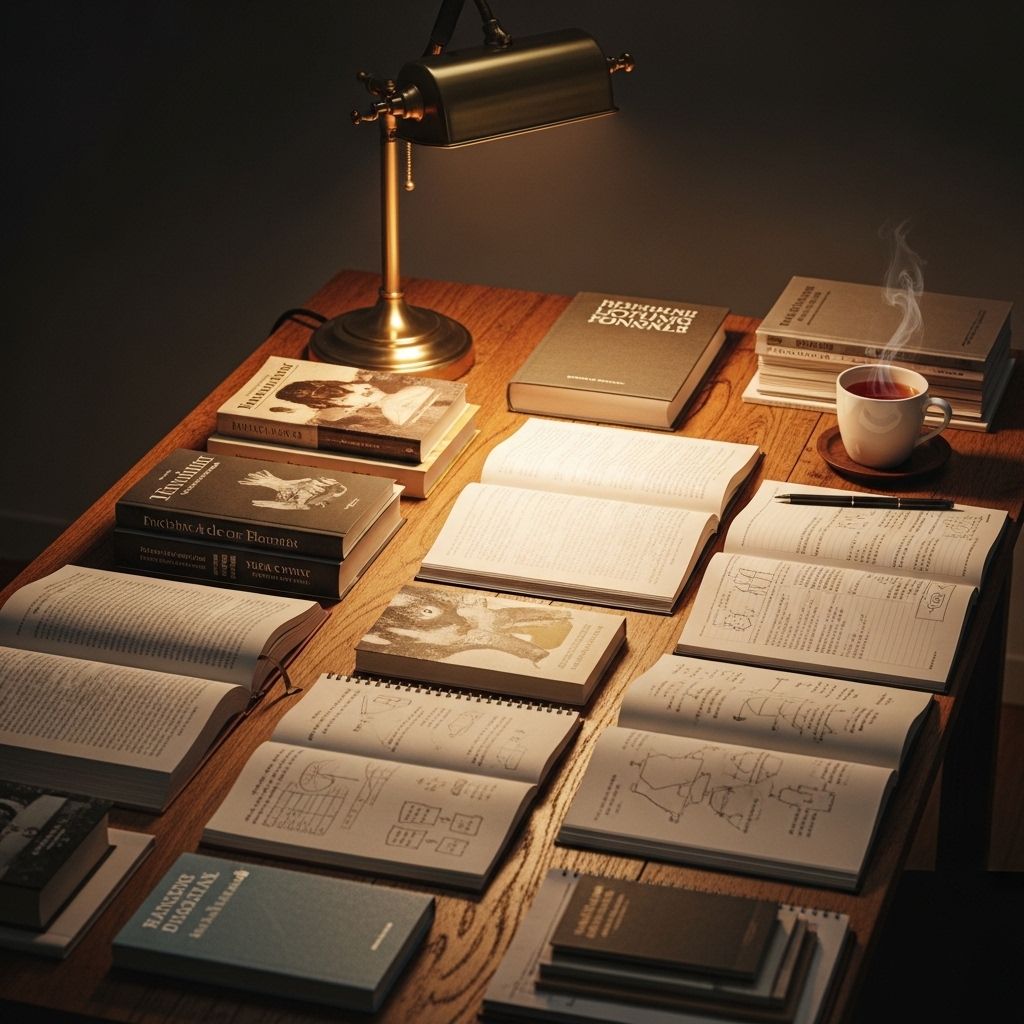 Open books and notebooks spread on a wooden desk in warm lamplight with a cup of tea nearby, representing thoughtful research, curation and the careful presentation of knowledge