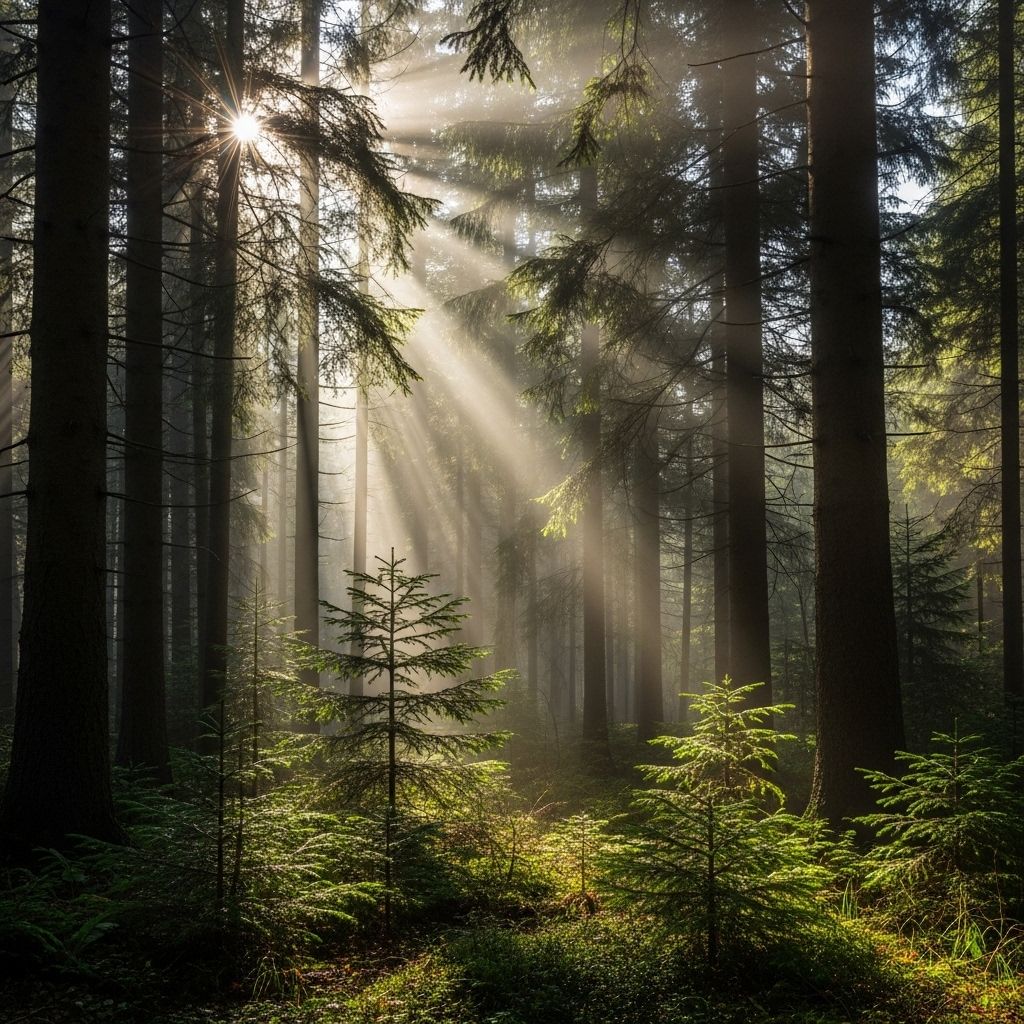 Dense forest in early morning mist with shafts of sunlight penetrating through tall conifers, evoking the layered sensory experience of sound, sight, and atmosphere in nature